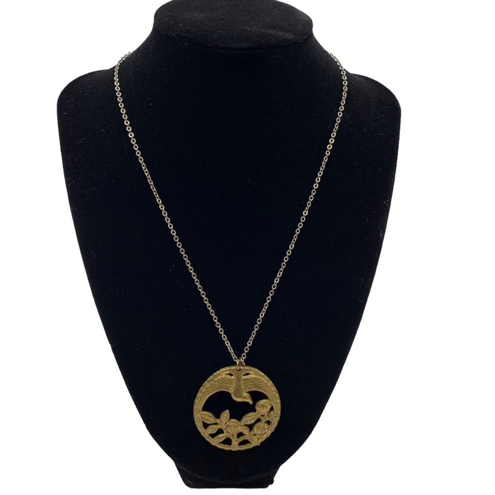 Vintage Large 3 Rose And Hummingbird Pendant Necklace